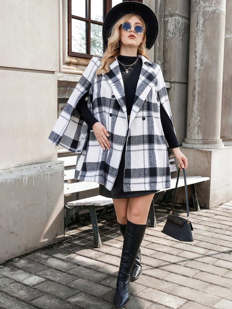 Plus Plaid Double Breasted Cloak Sleeve Overcoat