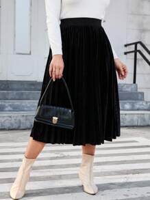 SHEIN Privé Talla grande Falda fruncido de talle alto de terciopelo - Negro - Ver 3