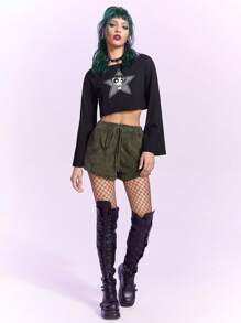 The Powerpuff Girls | ROMWE Shorts con bordado de estrella teddy - Verde militar - Ver 2
