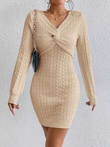 SHEIN Privé Mặt trước xoắn Xoắn Dan Váy len bó sát - Màu be - Xem 3