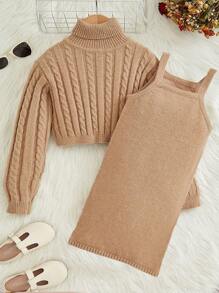 SHEIN 女大童高領麻花編織套頭毛衣&吊帶毛衣洋裝 - 卡其色 - 查看 1