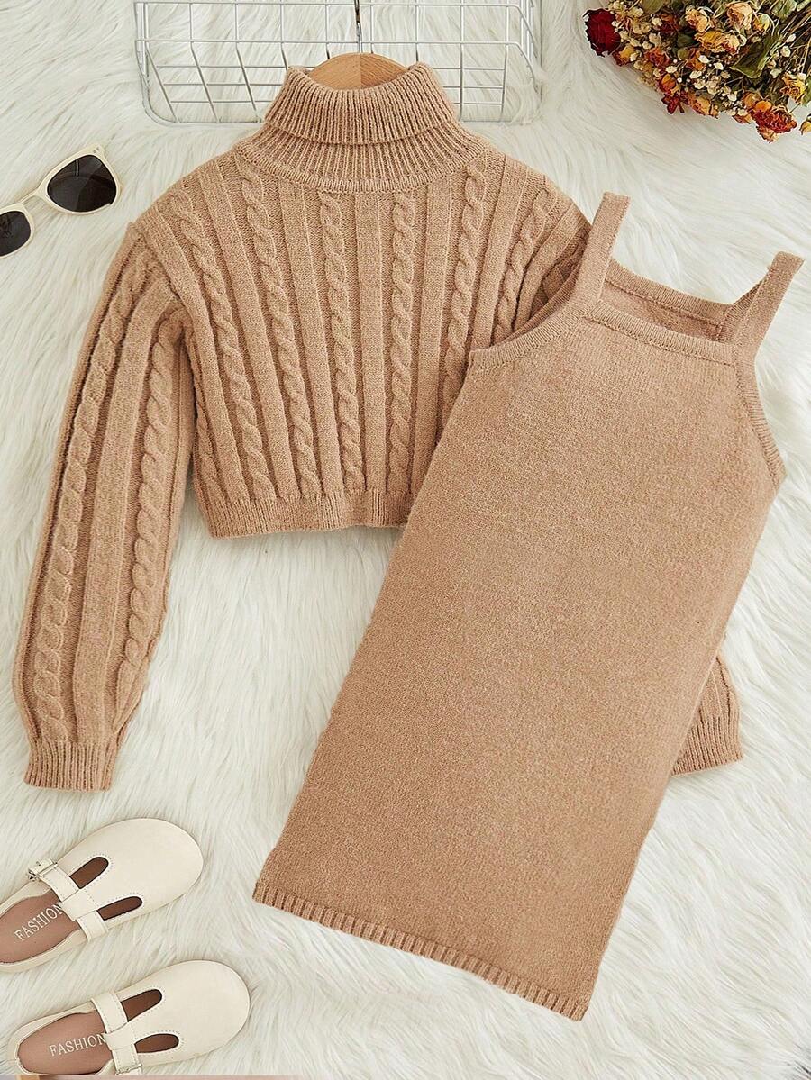 SHEIN 女大童高領麻花編織套頭毛衣&吊帶毛衣洋裝 - 卡其色 - 查看 1