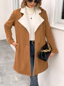 Chiquease Lapel Neck Teddy Lined Single Breasted Coat - Apricot - View 5