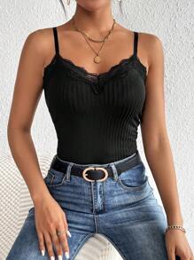 SHEIN Frenchy 對比色蕾絲修飾,深v領穀物料背心上衣 - 黑色 - 查看 4