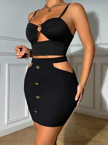 SHEIN SXY 腰部鏤空紐扣細節包臀半身裙 - 黑色 - 查看 4