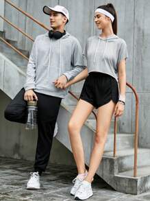 Manfinity Sport Corelite Men 1pc Raglan Sleeve Drawstring Sports Hoodie & 1pc Sweatpants, Athletic Suit, Tracksuit Workout Set Gym Set Workout Set - Grey - View 1