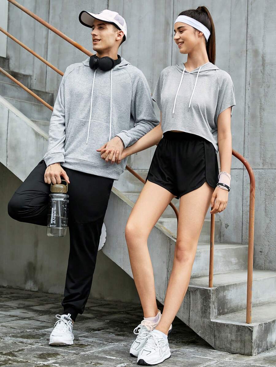 Manfinity Sport Corelite Men 1pc Raglan Sleeve Drawstring Sports Hoodie & 1pc Sweatpants, Athletic Suit, Tracksuit Workout Set Gym Set Workout Set - Grey - View 1