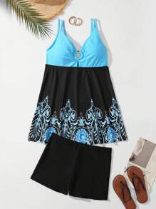 SHEIN Swim Curve Plus Floral Print Shorts Tankini - Multicolor - View 1