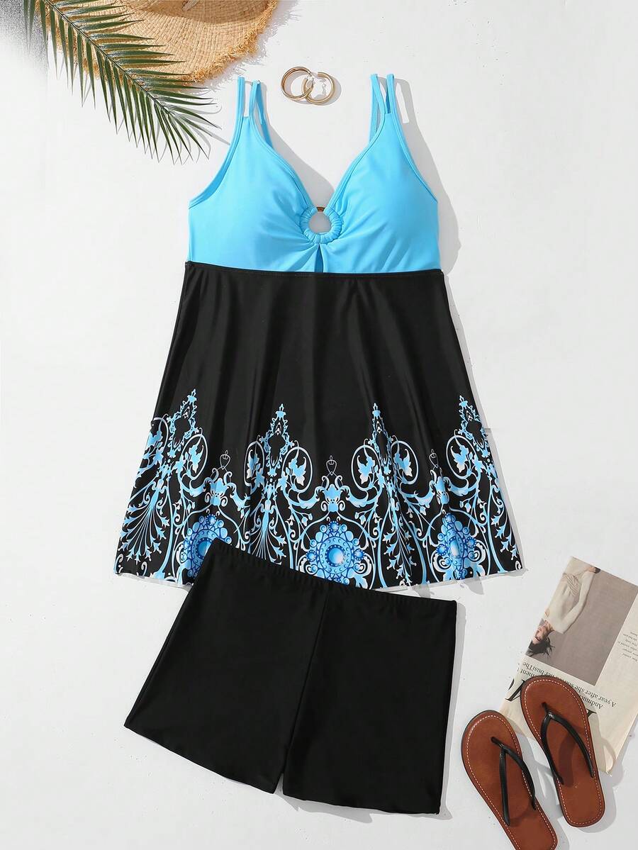 SHEIN Swim Curve Plus Floral Print Shorts Tankini - Multicolor - View 1