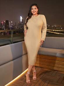 SHEIN Frenchy Plus Solid Ribbed Knit Bodycon Dress - Khaki - View 4