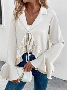 SHEIN Frenchy tay áo lá sen Viền Ruffle Tie Trước Xù Hoa Sen áo - Màu be - Xem 6
