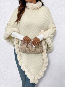 SHEIN Unity 加大码高领蝙蝠袖抓绒毛边饰毛球斗篷式针织套头衫秋冬毛衣 - 米色 - 查看 4