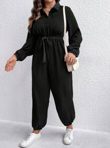 SHEIN LUNE 大碼素色腰帶襯衫連體褲 - 黑色 - 查看 6