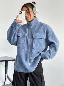 SHEIN Unity Flap Pocket Drop Shoulder Teddy Coat - Blue - View 4