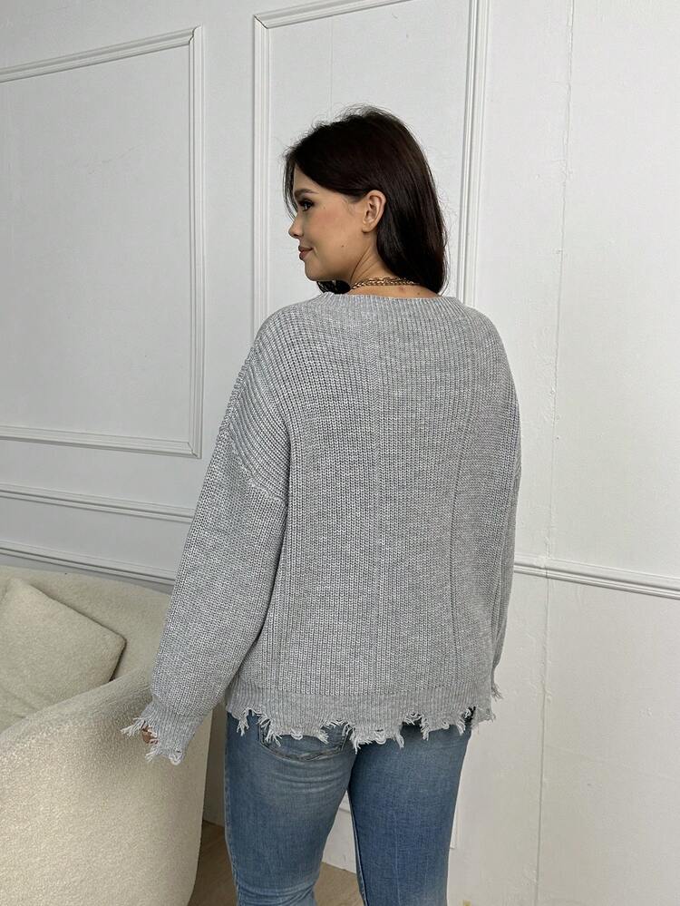 Plus Drop Shoulder Raw Hem Drop Shoulder Sweater Knit Pullover Fall Winter Sweater