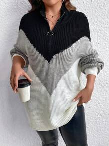 EMERY ROSE Plus Size Women Colorblock Knit Stand Collar Long Sleeve Casual Pullover Sweater, Minimalist Style For Autumn/Winter Knit Pullover Fall Sweater - Multicolor - View 3