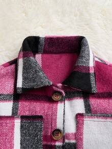 SHEIN 女小童格紋印花口袋貼布前紐扣花呢外套 - 玫紅色 - 查看 4