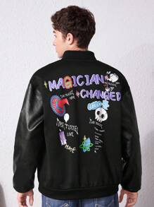 SHEIN Teen Boy 1pc Slogan & Cartoon Graphic Drop Shoulder Contrast PU Leather Bomber Jacket - Black - View 8