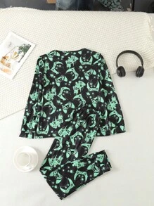 Tween Boy Dinosaur Print Tee & Pants PJ Set - Black - View 2