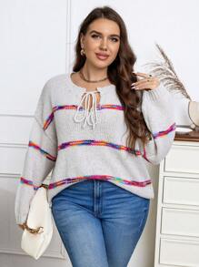 Calvaya Plus Colorblock Tie Neck Drop Shoulder Sweater Knit Pullover Fall Winter Sweater - Multicolor - View 1