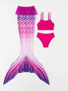 Young Girl Layered Ruffle Bikini Set With Mermaid Tail Design Skirt Summer Beach