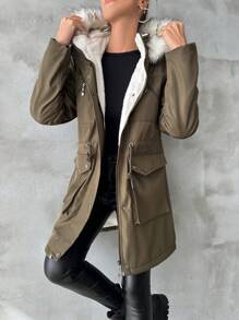 Flap Pocket Drawstring Waist Fuzzy Trim Hooded Thermal Lined Parka Coat - Army Green - View 4