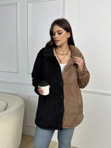 SHEIN LUNE Plus Two Tone Drop Shoulder Teddy Coat