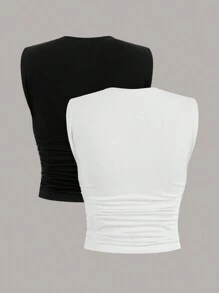 SHEIN EZwear Summer 2pcs Solid Ruched Slim Fit Tank Top