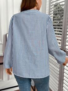 Celure Hơn In sọc Đường viền cổ có rãnh Tay áo lồng đèn Áo sơ mi - Xanh và trắng - Xem 2