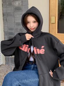 DAZY Letter Graphic Drop Shoulder Drawstring Zipper Hoodie