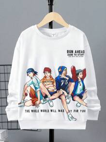 SHEIN 男大童標語和人物圖案落肩袖套頭衫 - 白色 - 查看 1