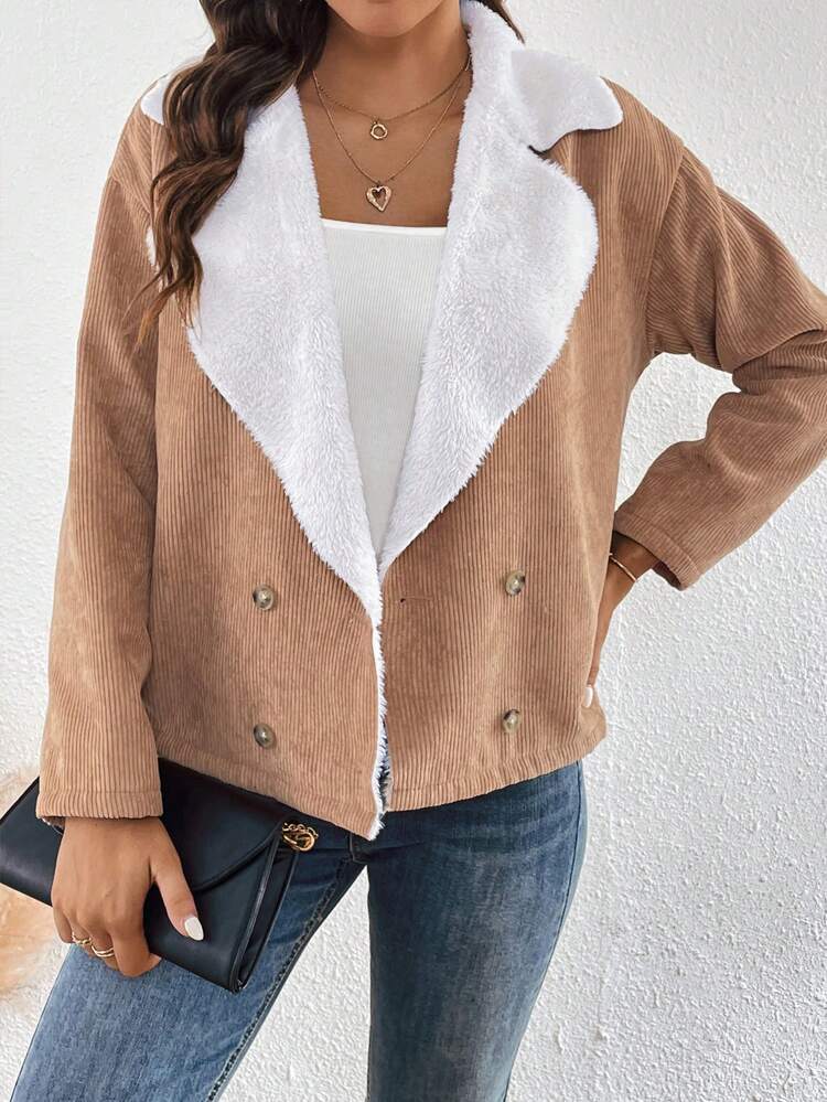 Lapel Neck Double Breasted Teddy Lined Corduroy Coat