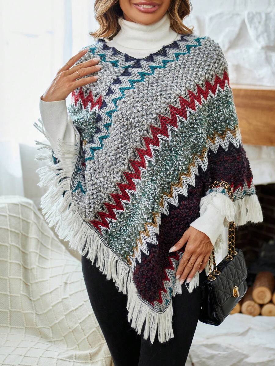 SHEIN LUNE 1 Miếng Mô hình Chevron Viền rìa Áo len Poncho - Màu tím - Xem 1