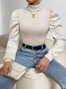 SHEIN Privé Lantern Sleeve Turtleneck Top - Apricot - View 1