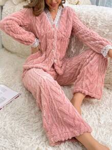 Contrast Lace Trim Flannelette PJ Set - Pink - View 3