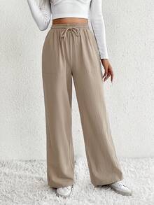 SHEIN Tall Eo dây rút Quần ống rộng - Màu Khaki - Xem 5
