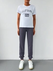 EURMUSE Grafika z napisem Trójnik & Marszczona talia Spodnie Dresowe - Jasnofioletowy - Zobacz 5