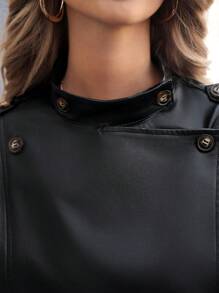 SHEIN Frenchy 落肩袖PU皮革夾克 - 黑色 - 查看 6