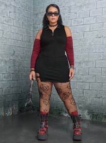 ROMWE PUNK Plus Striped Print Half Zip Cold Shoulder Top - Black - View 1