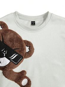 Manfinity Homme Loose Fit Men's Striped Trimming Bear Embroidery Drop Shoulder Sweatshirt - White - View 4