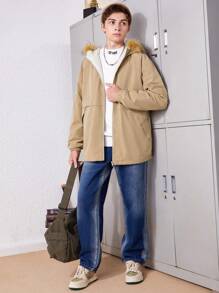 SHEIN Teen Boy Fuzzy Trim Hooded Teddy Lined Coat