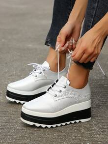 女士們蛇皮有圖案的防水台坡跟&厚下裝鞋帶方形腳趾 - 銀色 - 查看 8