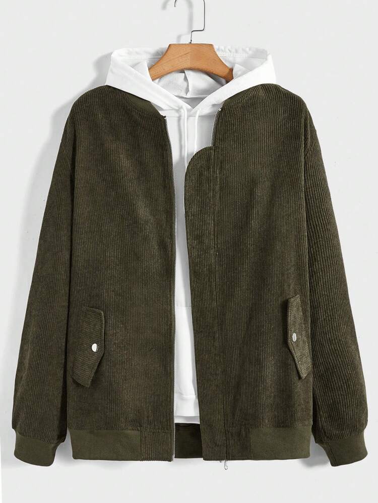 Men Flap Detail Corduroy Bomber Jacket Without Hoodie