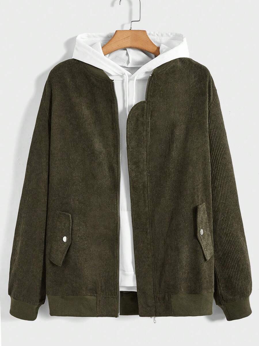 Manfinity Homme Men Flap Detail Corduroy Bomber Jacket Without Hoodie - Green - View 1