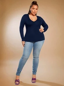 SHEIN SXY 大碼素色V領T恤 - 藏蓝色 - 查看 6