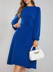 SHEIN Clasi Solid Ruched Detail Lantern Sleeve Dress - Blue - View 1