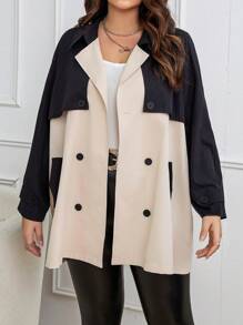 Celure Plus Two Tone Double Breasted Trench Coat - Black - View 1