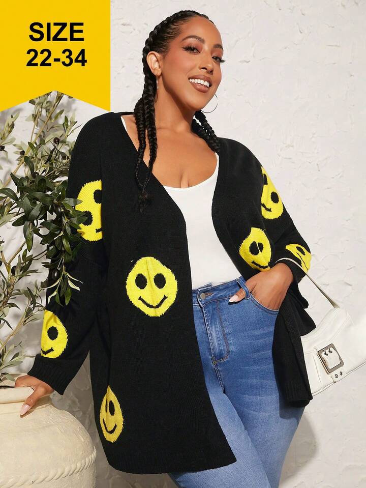 SHEIN CURVE+ Plus Cartoon Face Pattern Drop Shoulder Open Front Cardigan  Without Cami Top | SHEIN UK