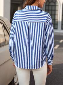 SHEIN LUNE Striped Print Drop Shoulder Shirt - Blue - View 6