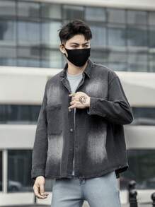Manfinity Roghcode Men's Oversized Denim Shirt With Dual Pockets And Button Front - Black - View 8